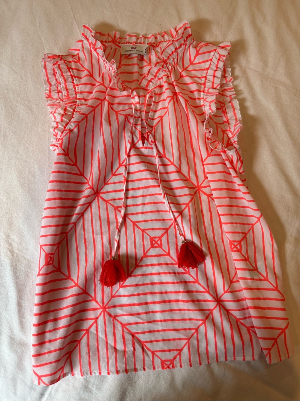 Vineyard Vines Women’s Sleeveless Top Size S Orange White Tassel Blouse